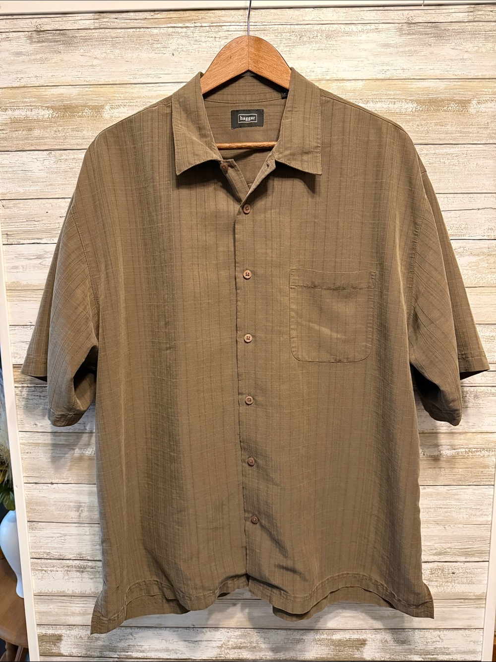 Haggar olive brown collared straight hem shirt size XL
